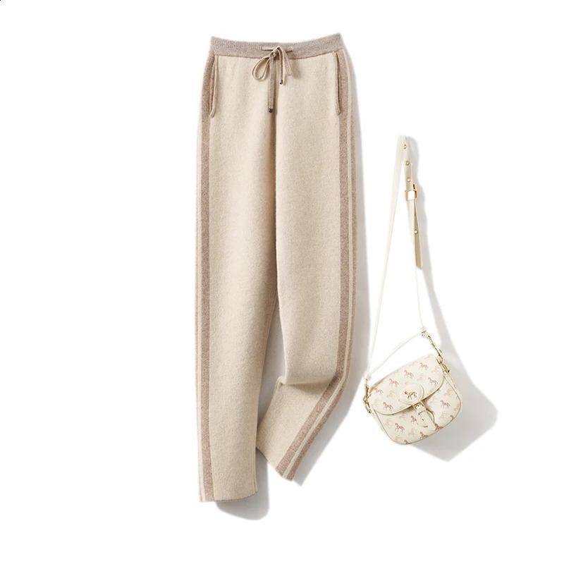 Autumn Winter Womans Pants Fashion Pencil Pants 100% Merino Wool Knit Long Trouser Elastic Mid-Waist Patchwrok Full Length Pant 240821