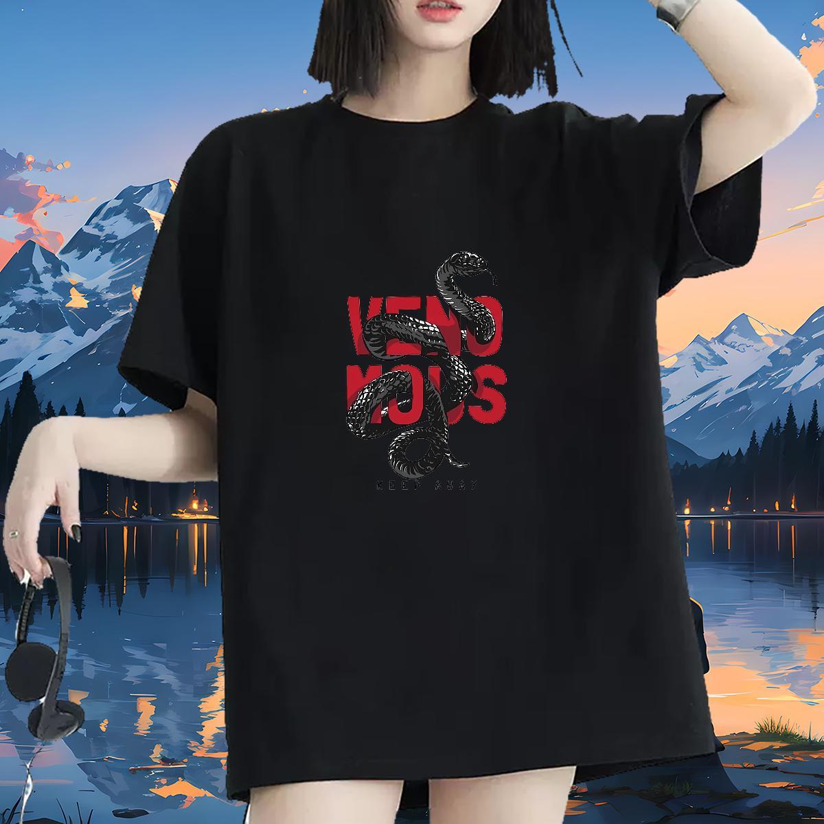 Brand T-Shirts for Women Breathable Crew Neck 230g Pure Cotton Womens Tshirts Cartoon Print snake Daily Outfit Loose Tees