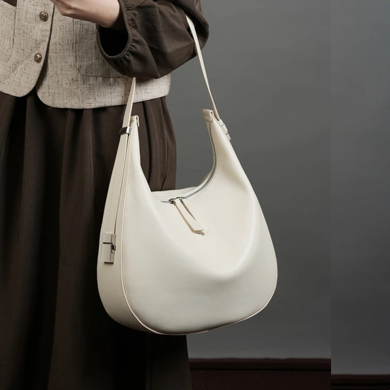 Hifashion Cowhide Genuine Leather Large Crescent Shoulder Bags For Women Trend Half Moon Purses Hobo Ladies Handbags 240822