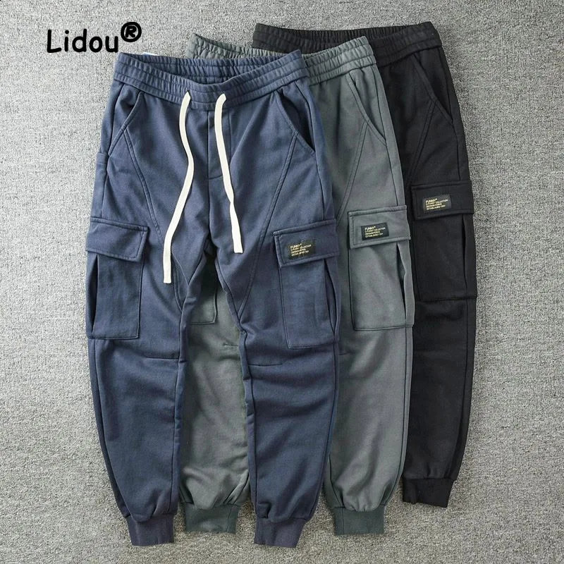 Houjie casual mens drawstring cargo pants with multiple pockets classic stickers cool and trendy fully matched Trousers 240821