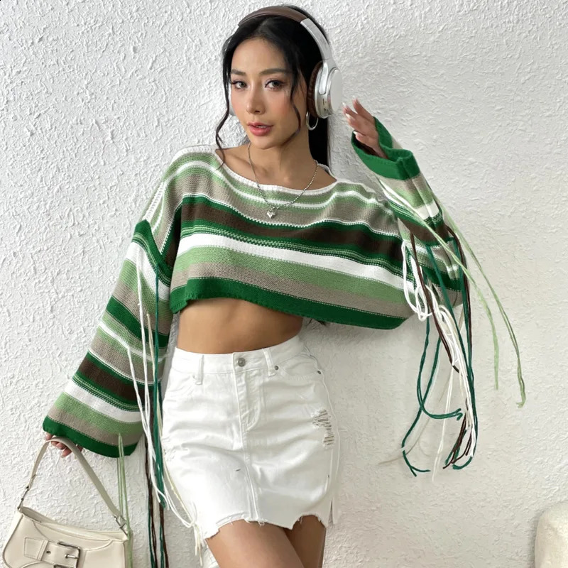 Trendy Rainbow Striped Tassel Knit Sweater - Sexy Crop Top 240821