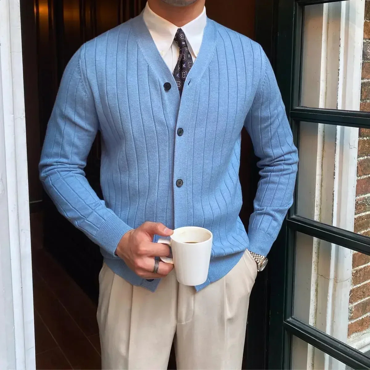 Mens Clothing Solid Color Knit Sweater Male Blue V Neck Plain Slim Fit Business Cardigan Japanese Retro in Winter Wool 240821