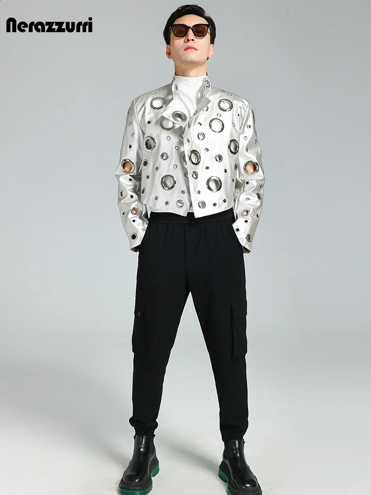 Nerazzurri Spring Autumn Cool Handsome Short Hollow Out Pu Leather Jacket Men with Holes er Unisex Y2K Streetwear 240809