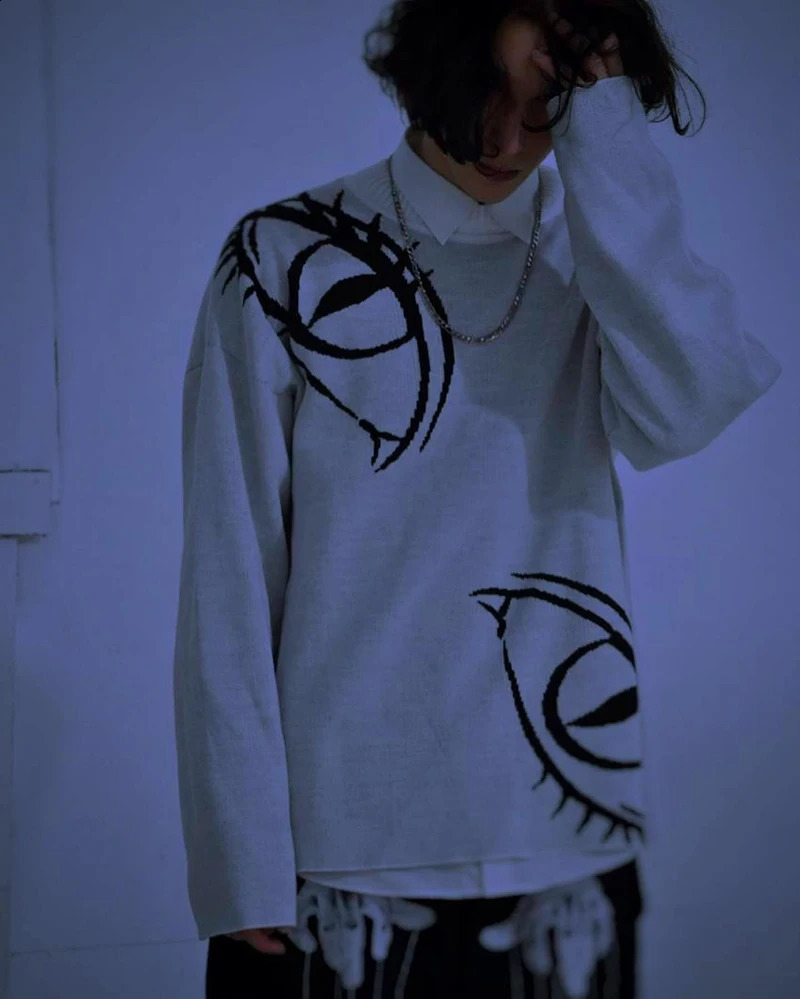 Womens Pullovers Sweaters Gothic Womens Knitted Streetwear Oversized Harajuku Pattern Cotton O Neck Knitwear Men Clothing 240821