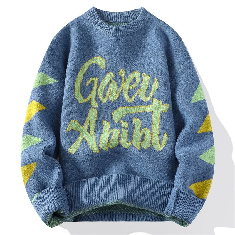 Sweater mens knitted letter printed sweater wool latte art retro color block top 240821
