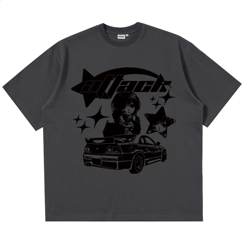Large mens Tshirt Y2k top pure cotton printed car summer Harajuku street clothing graphite short sleeved retro aesthetic 240822