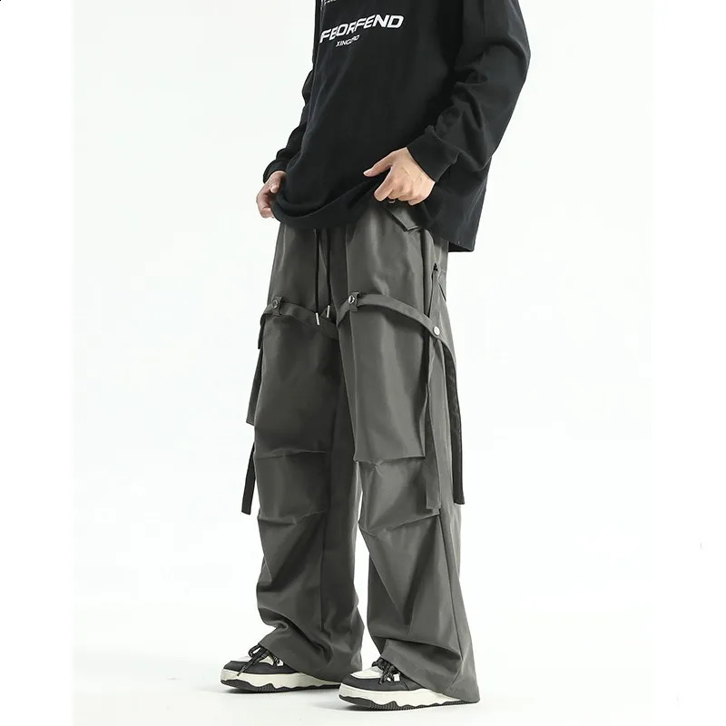 Autumn Mens Baggy Pants Ribbons Pockets Knee Pleated Loose Long Straight Hip Hop Trousers Male Oversized Cargo Pants 240822