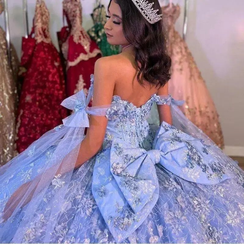 Off-the-Shoulder Sky Blue Sequin Quinceanera Dress with 3D Flower Embellishments and Beaded Corset Waistline