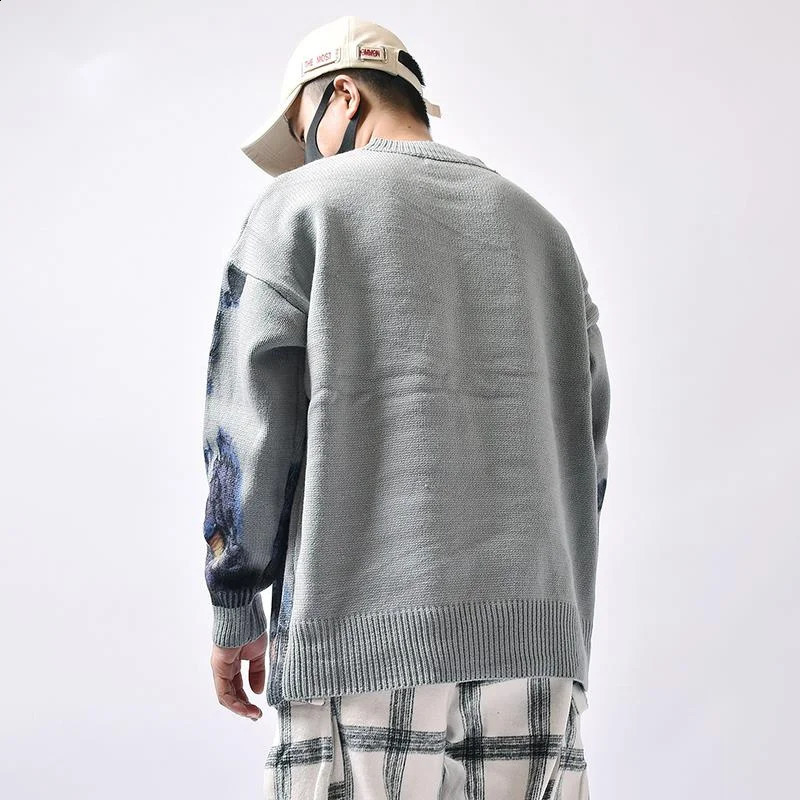 Hip Hop Sweater Mens Autumn Couple Knitted Jumper Anime Beijing Opera House Printing Retro Pulleys Harajuku Grey 240821