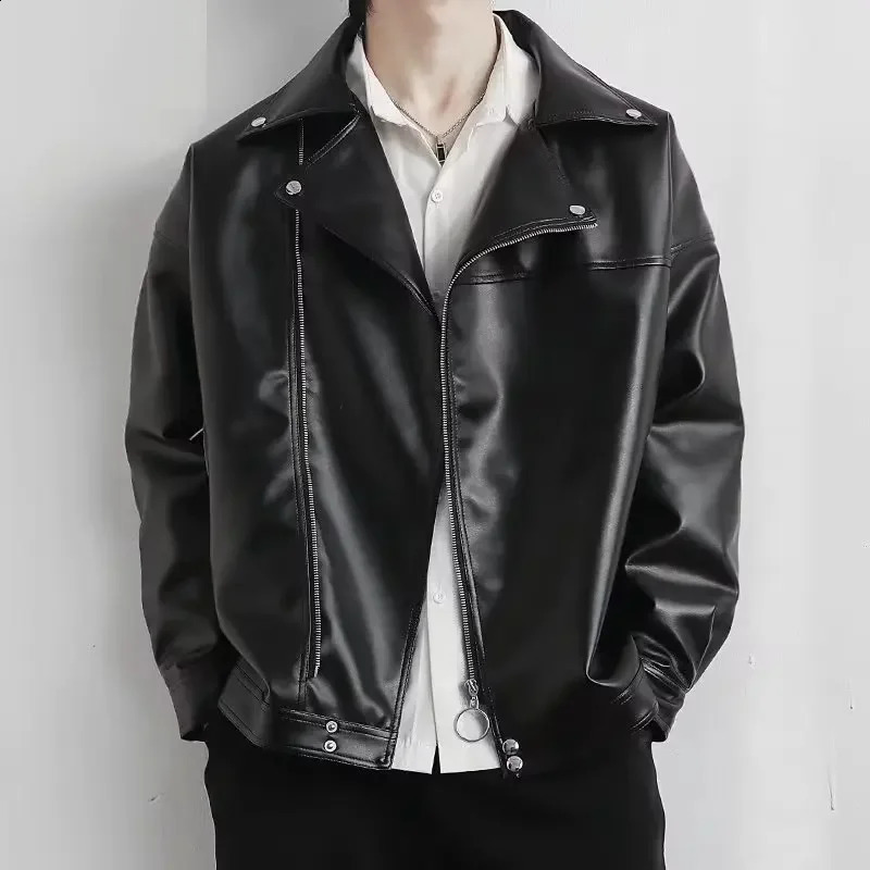 Trendy Korean Style Mens Spring Autumn Lapel Leather Jacket Loose Fit Casual Clothing Vintage Motorcycle Jacket For Men 240822