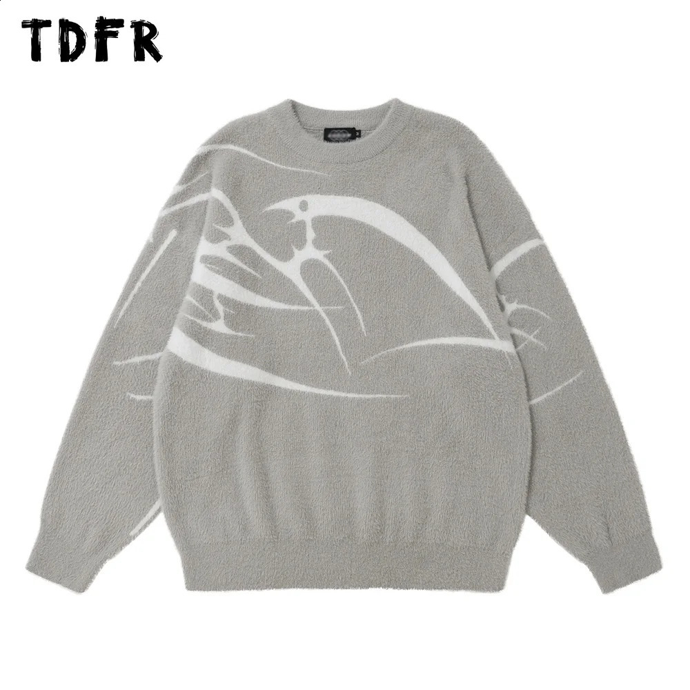 Jacquard Mohair sweater mens autumn casual loose crew collar long sleeved knitted floral 240821