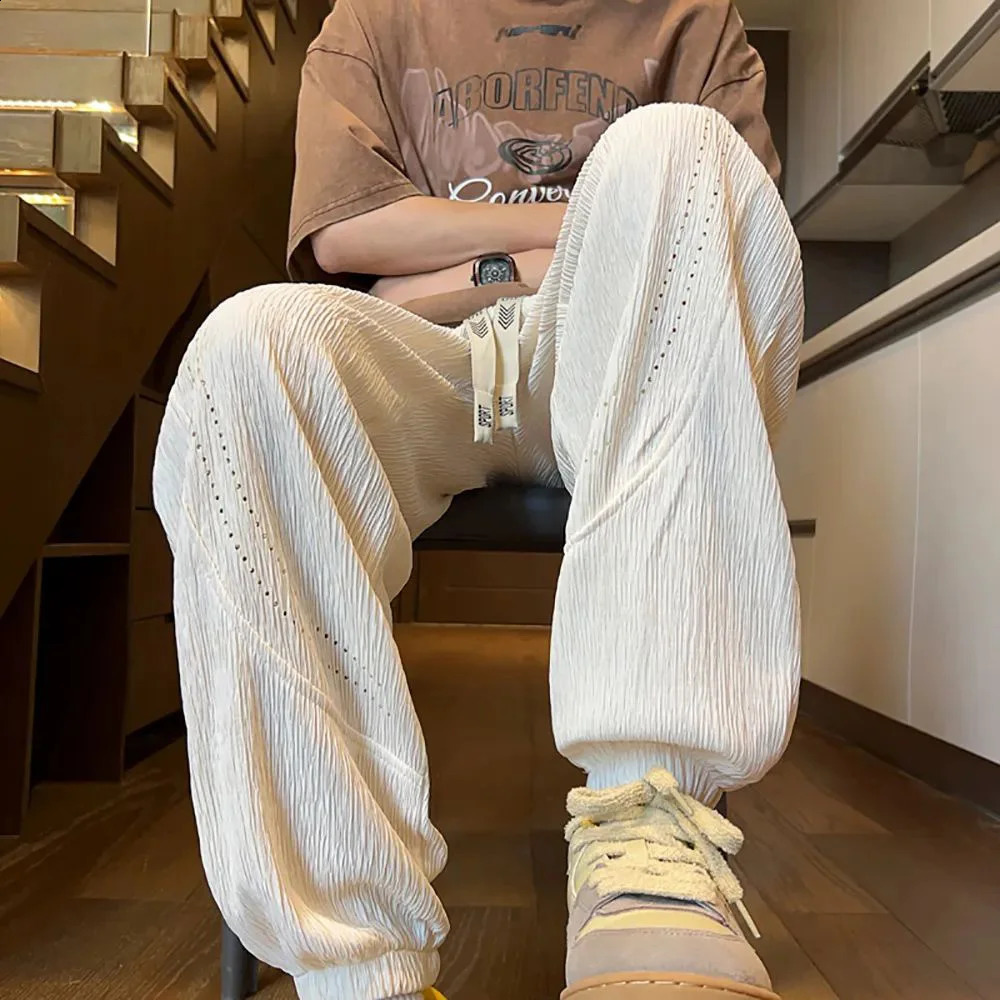 Mens Long Pants Casual Streetwear Wide Leg Pants Summer Thin Ice Silk Texture Quick Drying Wear-Resistant Pants Mens Clothing 240821