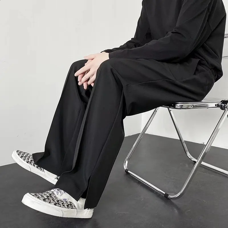 Men Straight Casual Pants Summer Korean Style Baggy Personality Slit Wide Leg Blazer Pants Trousers Male Streetwear 240822