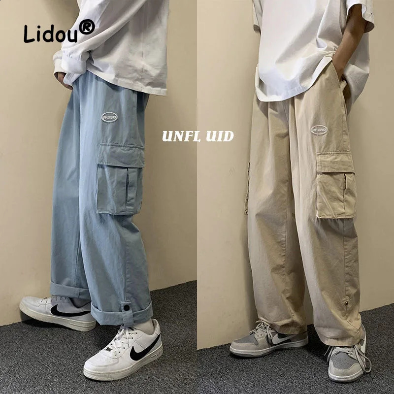 Solid Color Multiple Pockets Cargo Pants Classic Straight Cylinder Loose Broad Leg Waist Drawcord Street Casual Male Trousers 240822