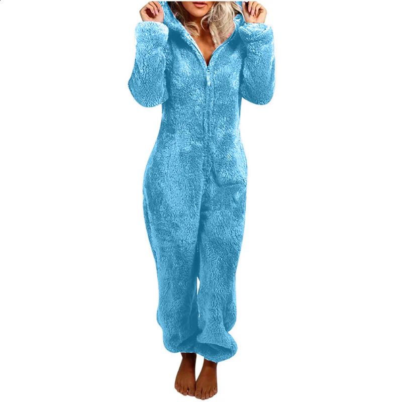 5XL Women Fluffy Jumpsuits Plush Velvet Hooded Outfits Tracksuits Zipper Loose Casual Rompers Winter Warm Overall Bodysuits 240821