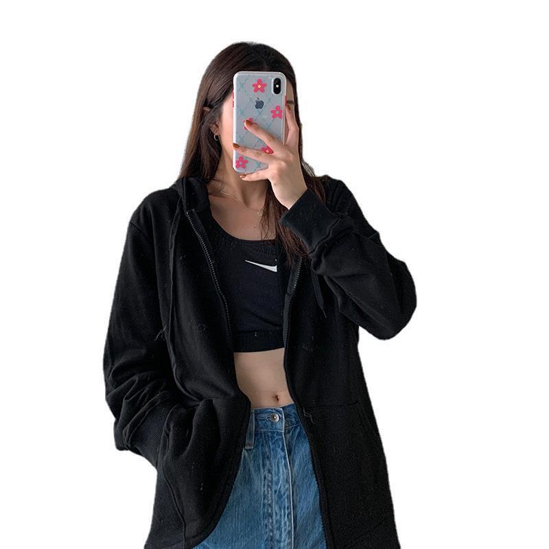 Solid color simple BF style loose mid length hooded sweatshirt cardigan jacket for women spring and autumn season long sleeved top trend dongdumaoyi