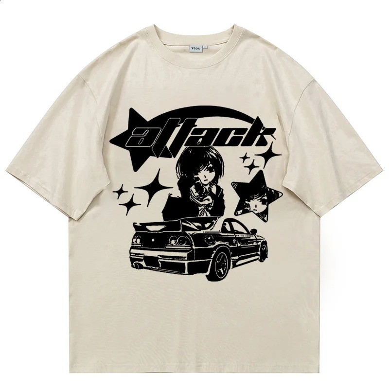 Large mens Tshirt Y2k top pure cotton printed car summer Harajuku street clothing graphite short sleeved retro aesthetic 240822
