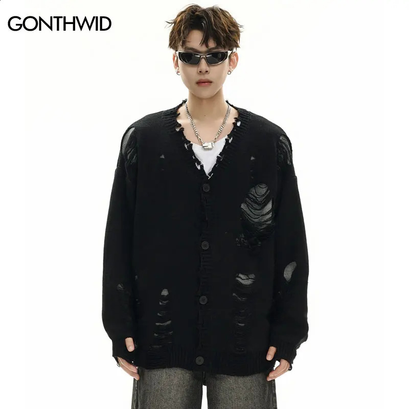 Hip Hop Sweater Cardigan Coat Grunge Vintage Ripped Holes Knitted Jumper Streetwear Men Harajuku Punk Gothic Oversized Sweaters 240821