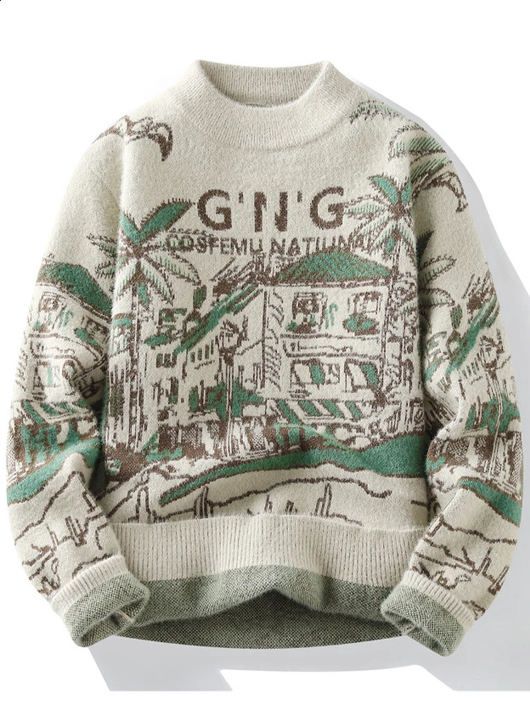 Retro Knitted Sweater Mens Casual Winter Crewneck Jacquard Thick Warm Korean Lanhua Youth Clothing Fashionable 240821