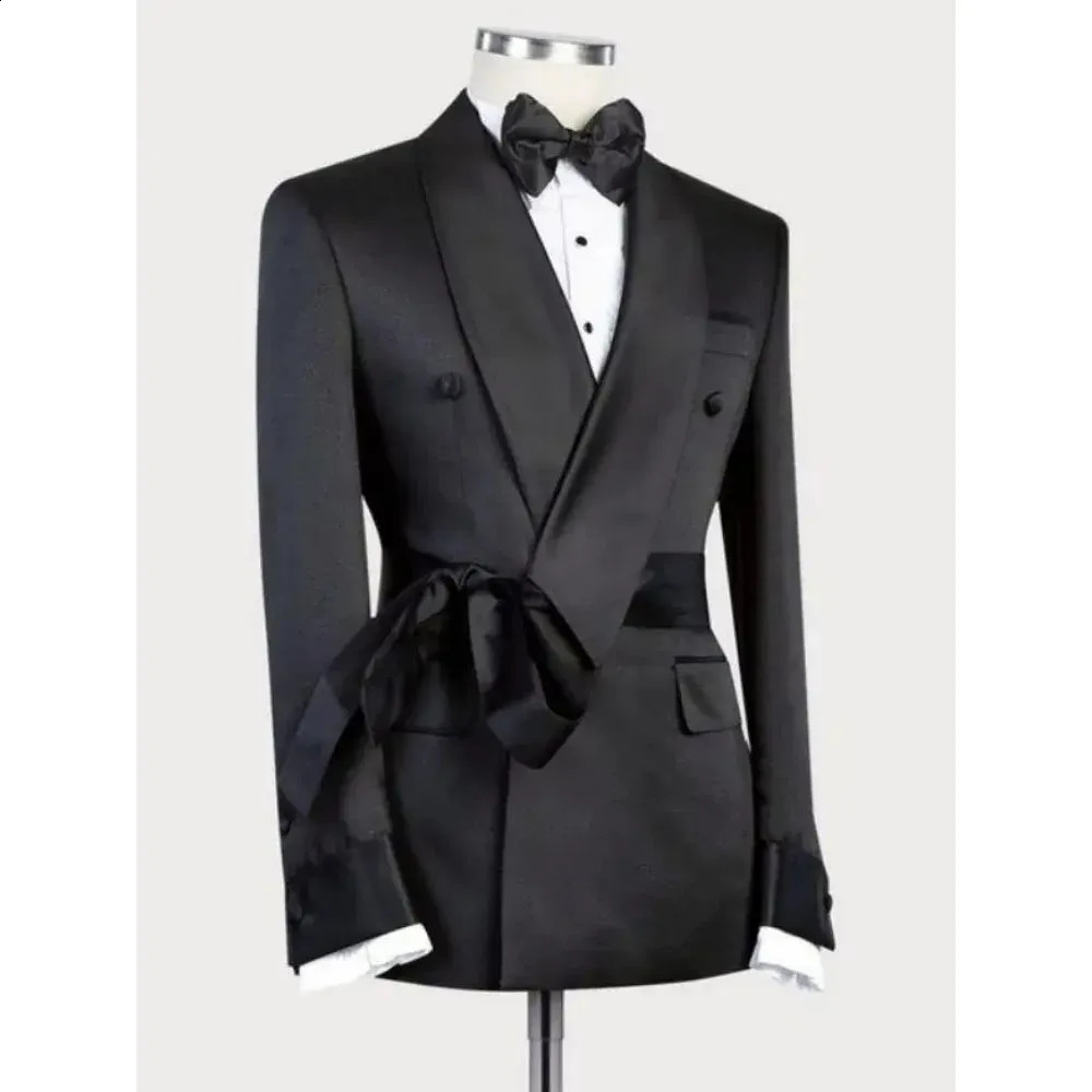 Black Men Suits Shawl Lapel Double Breasted Male Clothing Elegant Prom Party Full Set Bespoke 2 Piece Jacket Pants Sets Blazer 240821