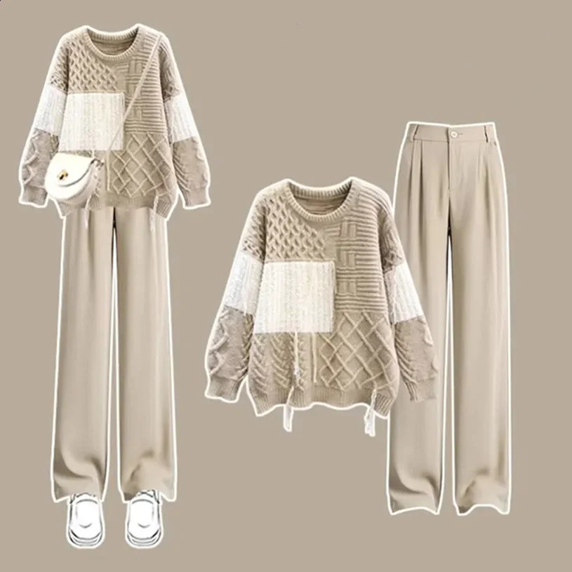 Autumn Set Large Womens Age Reducing Loose Knitted Sweater Fashion Casual Pants Two Piece Set Fashion 240821