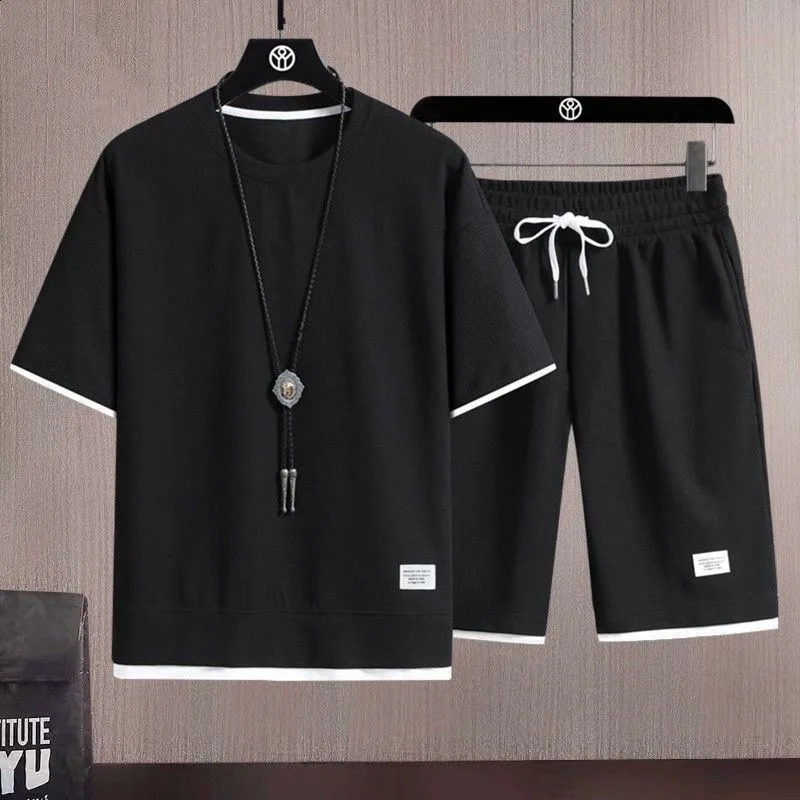 100% Cotton Waffle T Shirts Set For Men Short Sleeve Round Neck Tops Solid Color Casual Short Summer Waffle Two Piece Set 240822