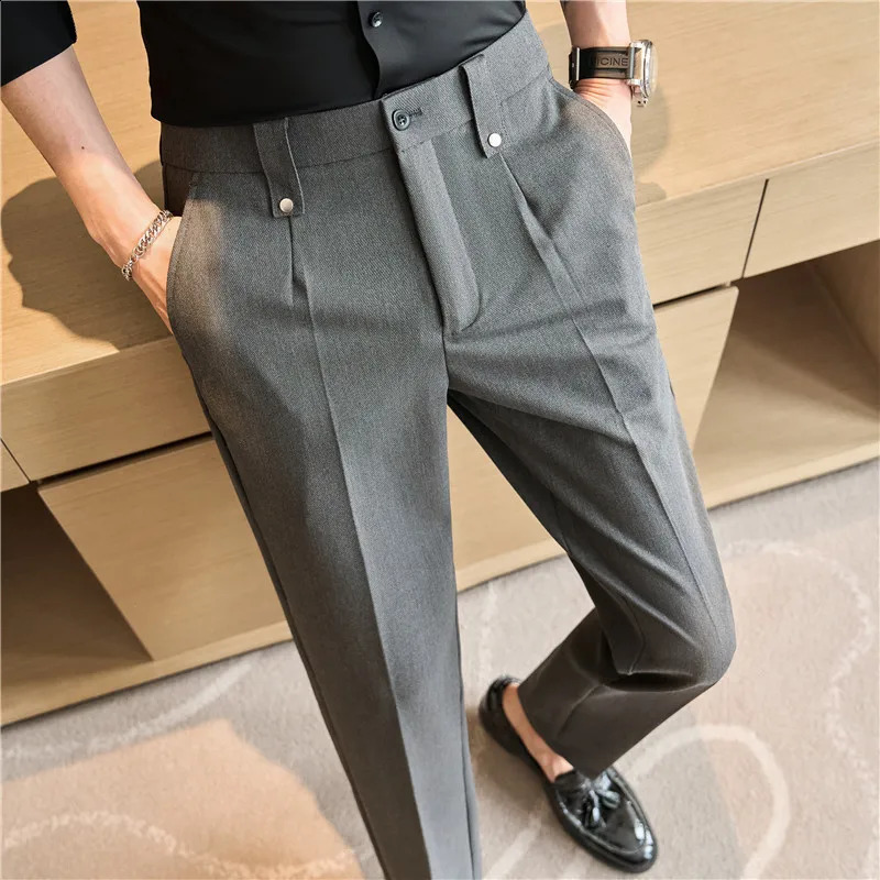 Mens set pants 2024 spring British style elastic waist solid casual formal dress pants ultra-thin slim fit mens clothing 240822