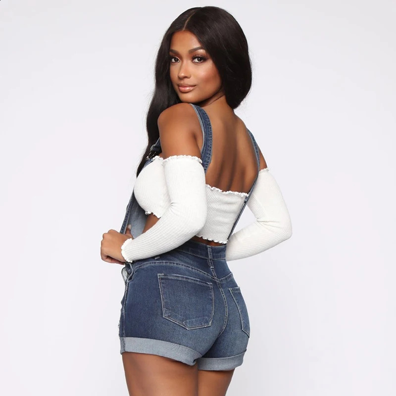 Summer Women Shorts Overalls Ripped Jeans Lady Sexy Stretch Rompers Denim Pants Lady Cross Strap Jumpsuit Casual Bodysuits 240821