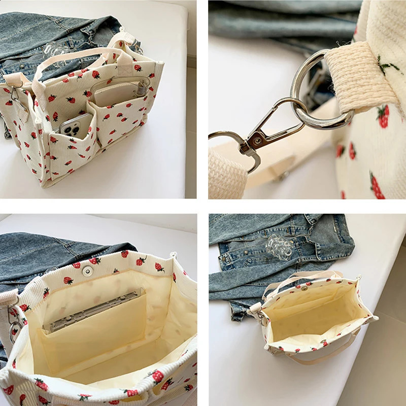 Cute Strawberry Pattern Women Tote Bag Vintage Corduroy Handbags Large Capacity Shoulder Crossbody College Shopper Purses 240821