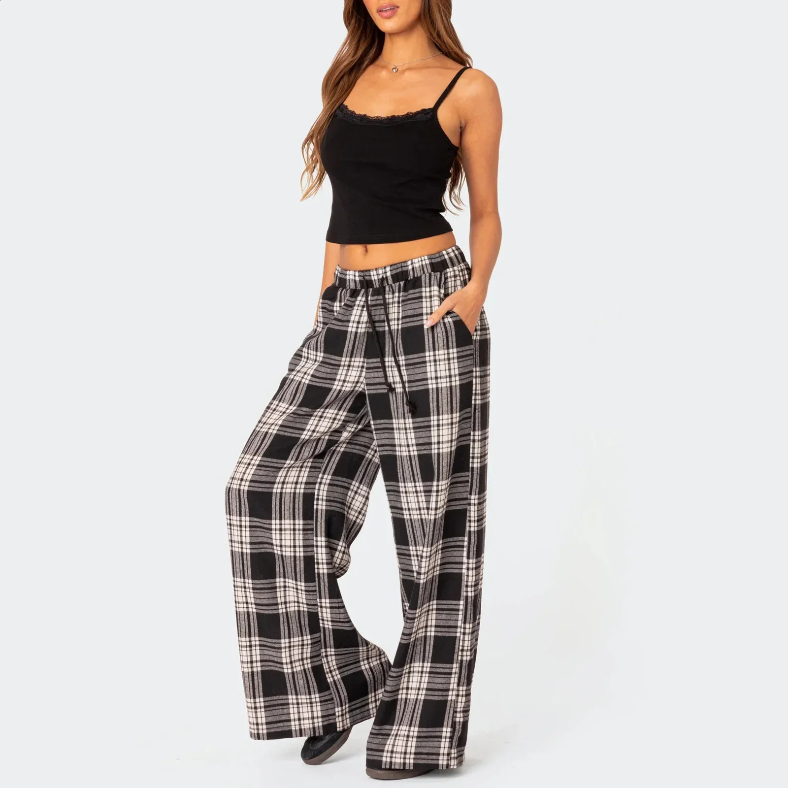 Combhasaki Women Y2K Vintage Casual Long Trousers Plaid Print Elastic Wide Low Waist Loose Wide Leg Lounging Pants with Pockets 240821