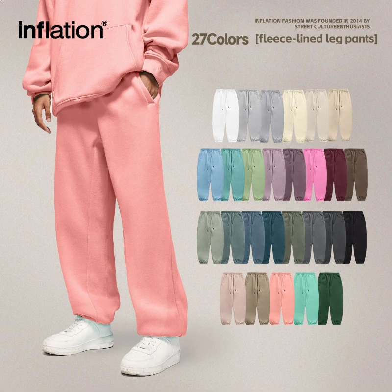 Inflatable winter thick wool lined jogging pants unisex candy colored drawstring waist comfortable sports mens track 240821