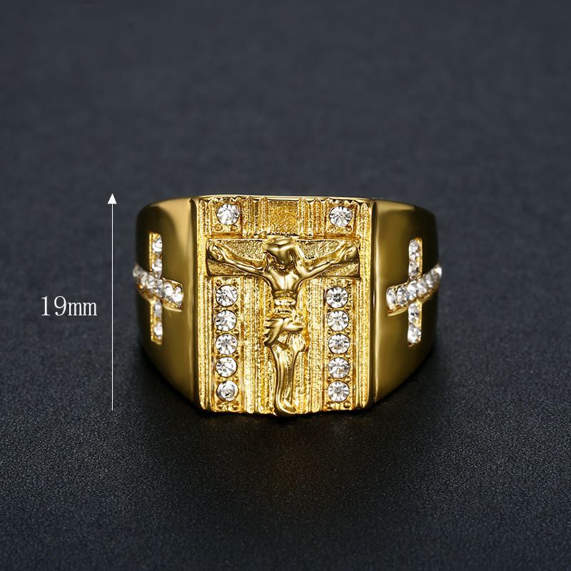 Hip Hop Jesus Cross Ring 316L Stainless Steel 18k Gold Plated with Zircon Jewelry
