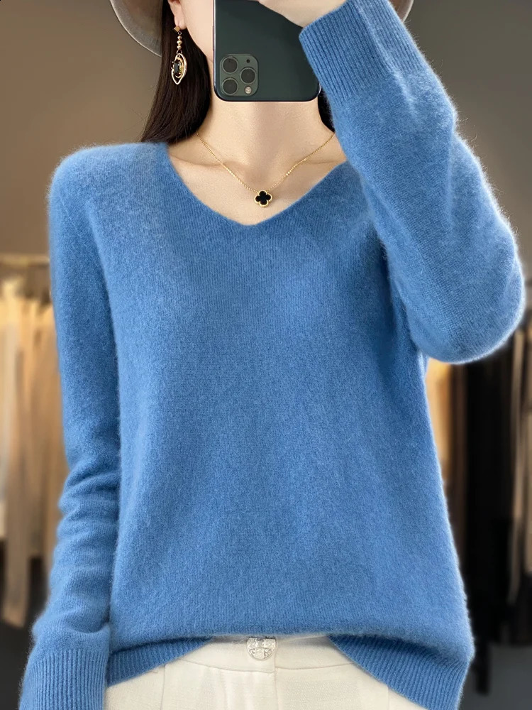 Fashion Women Cashmere Sweater 100% Merin Wool Pullover V-neck Casual Knitwear Long Sleeve Autumn Winter Basic Clothing Tops 240822