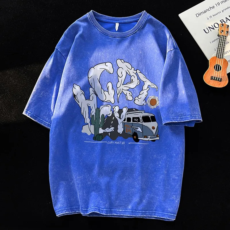 Cartoon graphic wash Tshirt mens oversized Oneck hiphop street short sleeved college couple y2k top 240822