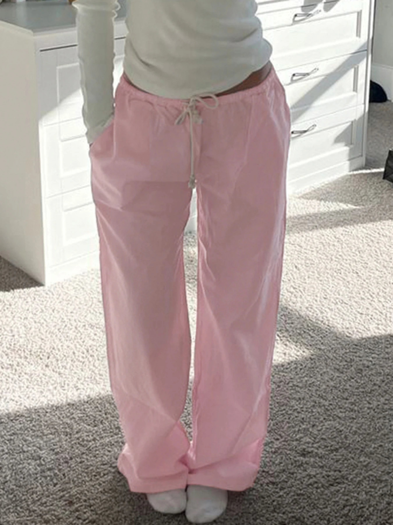 Sweetown Pink Solid Loose Casual Woven Straight Leg Pants Women Drawstring Low Waist Y2K Baggy Jogging Trousers 240821