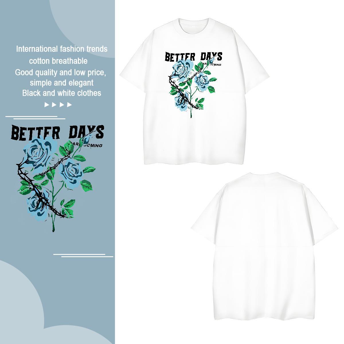 Free Shipping Men T Shirts flower Breathable Daily Wear Anime Print 230g Pure Cotton Men Clothes T-Shirt New Designer Tops Shirt