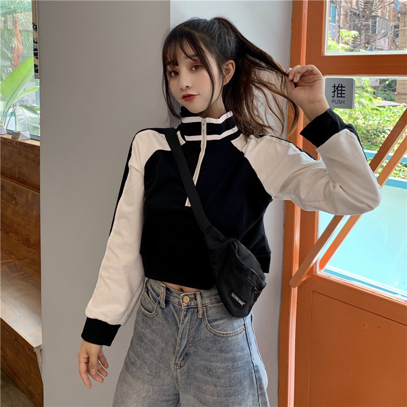 celebrity same style Instagram trendy color blocked zipper stand up collar long sleeved sweatshirt for women autumn short high waist dongdumaoyi