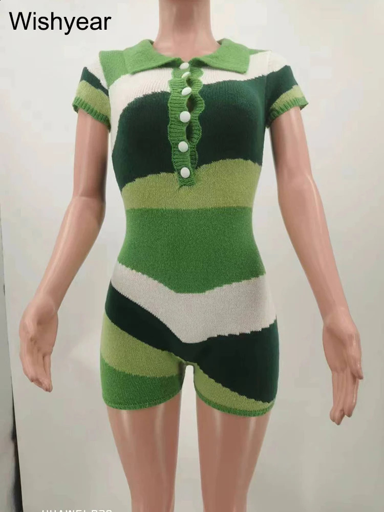 Elegant Knitted Patchwork Bodycon One Piece Rompers Women Lapel Short Sleeve Green Playsuits Sexy Night Club Birthday Overalls 240822