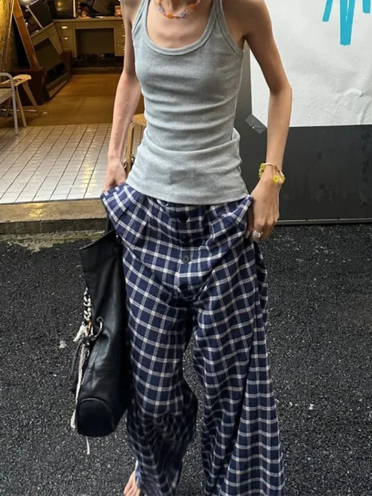 HOUZHOU Y2k Vintage Baggy Plaid Pants Woman Oversized Korean Fashion Harajuku Japanese Style Streetwear Gyaru Check Trousers 240821