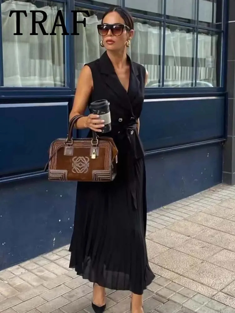 TRAF Corset Dress Women Pleated Vests Long Dresses for Women Sleeveless Office Party Dress Ruched Midi Evening Dresses 240822