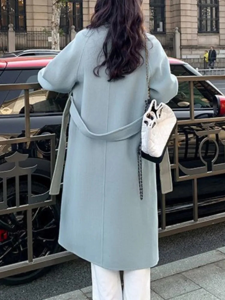 Korean Fashion Women Casual Loose Woolen Coat Elegant and Chic Solid Outerwear Long Overcoat with Belted Female Warm Cloak 240822