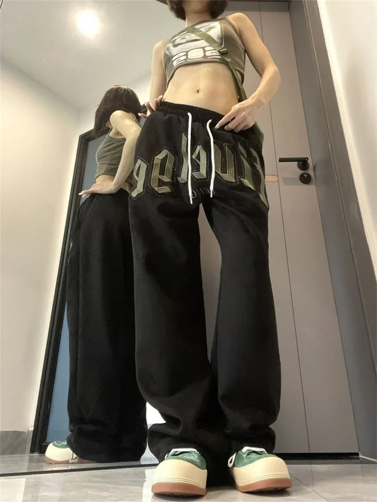 QWEEK Hip Hop Gray Joggers Sweatpants Women Oversized Letter Embroidery Streetwear Black Track Pants Y2K Kpop Jogging Pantalon 240821