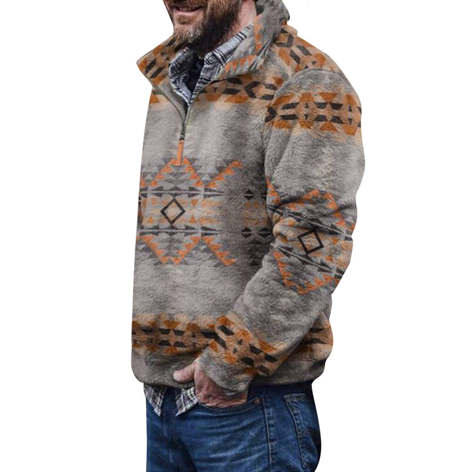 Autumn and winter men's casual flannel plush hoodie with button pocket sweater dongdumaoyi