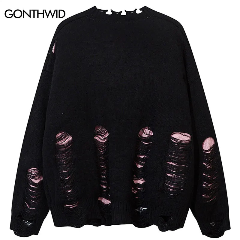 Hip Hop Sweater Cardigan Coat Grunge Vintage Ripped Holes Knitted Jumper Streetwear Men Harajuku Punk Gothic Oversized Sweaters 240821
