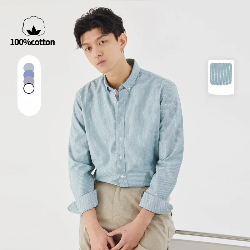 Mens striped oxford cloth long-sleeved shirt. Autumn business casual loose 100% cotton shirt.Breathable durableS-3XL 240822