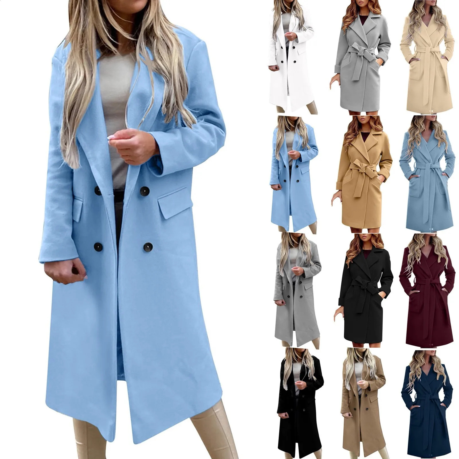 WomenS Jacket Woolen Fashion Slim-Fit Belt Lapel Woolen Pocketed Shacket Flannel Jacket Coats Double Breasted Oversized Outwear 240822