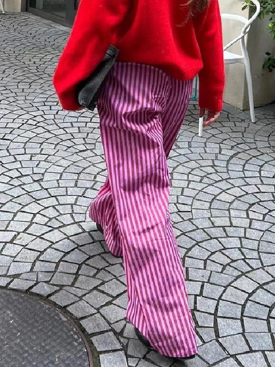 Combhasaki Womens Y2K Retro Vintage Casual Striped/Solid Long Pants Button Elastic High Waist Aesthetic Loose Straight Trousers 240821