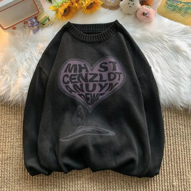 Love Letter Printing Sweater Mens Autumn Trend Loose Coat Student Couple Versatile Knitwear 240821
