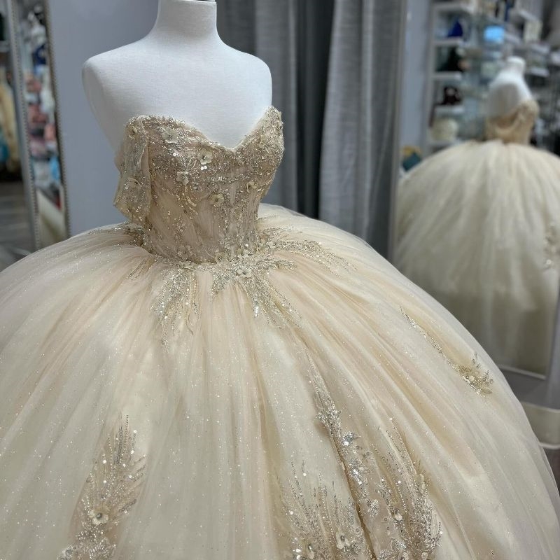 Light Champagne Quinceanera Dresses 2024 Sequin Lace Applique Beads Tull Sweet 16 Birthday Party Ball Gown Corset Vestidos De 15 Anos