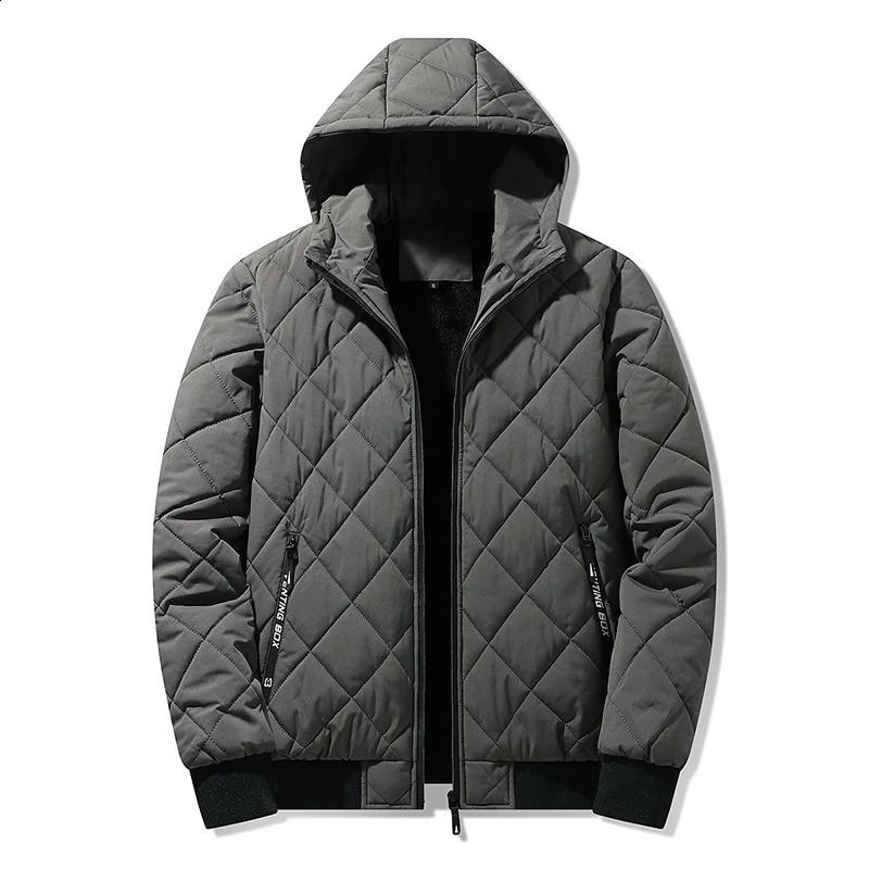 Mens jacket with hood autumn cotton padded mens fashion clothing diamond texture casual park size 5XL 240822